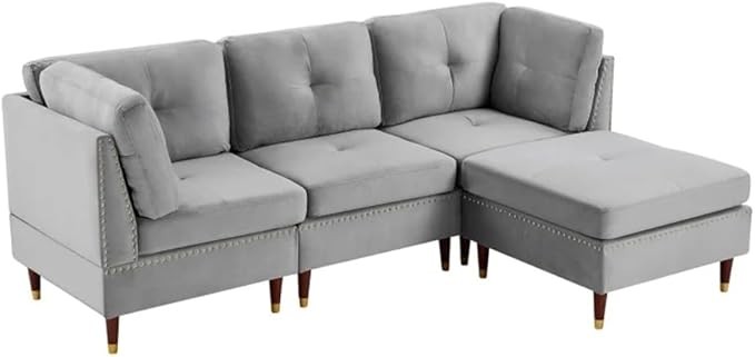 Sectional Sofa Couch with Ottoman, L-Shaped Couch with Nail for Apartment and Living Room.
